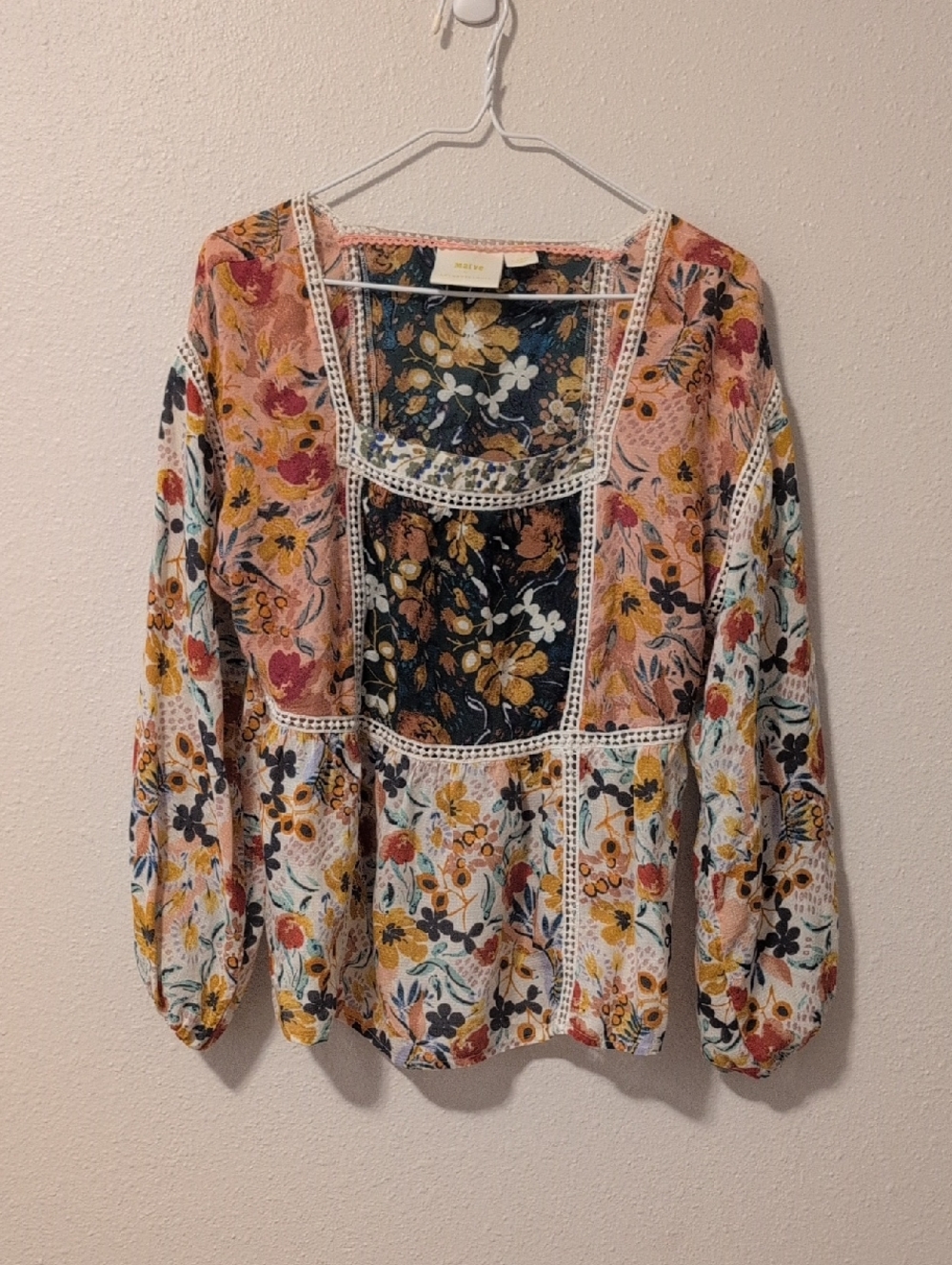 Anthropologie Maeve Nikki Peasant Top Size XS Floral Patchwork Cottagecore Boho